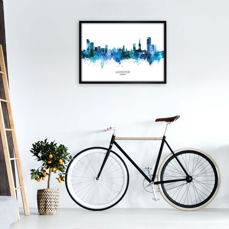 Leicester England Skyline Blue City Name  by Michael Tompsett A1 White Frame