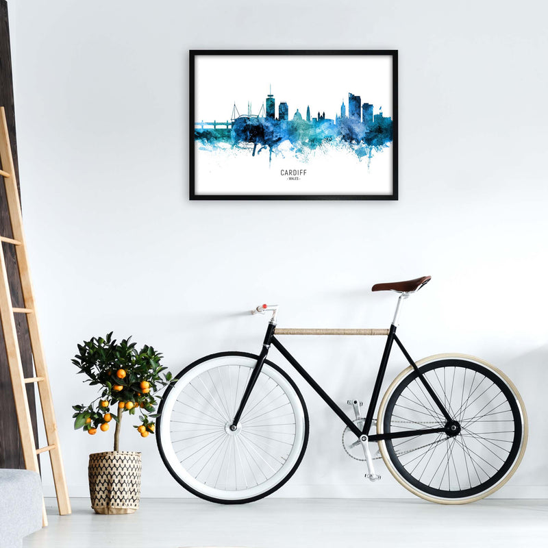 Cardiff Wales Skyline Blue City Name  by Michael Tompsett A1 White Frame