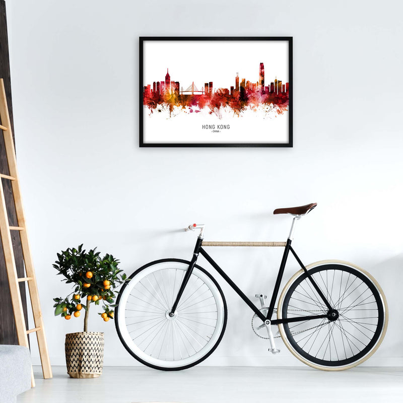 Hong Kong China Skyline Red City Name  by Michael Tompsett A1 White Frame