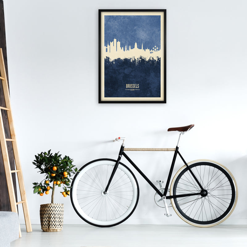 Brussels Belgium Skyline Portrait Navy Art Print by Michael Tompsett A1 White Frame