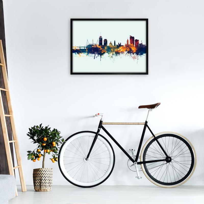 Cardiff Wales Skyline Blue Orange Art Print by Michael Tompsett A1 White Frame