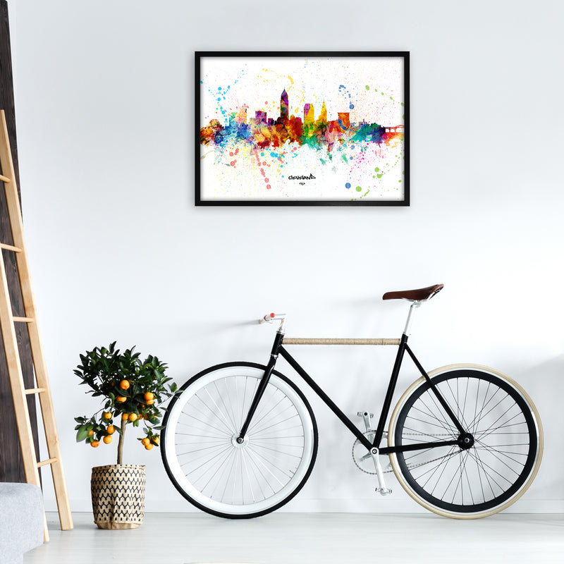 Cleveland Ohio Skyline Splash Art Print by Michael Tompsett A1 White Frame