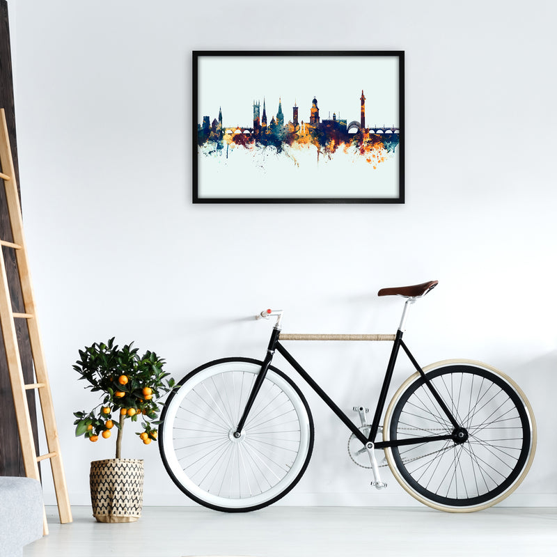 Shrewsbury England Skyline Blue Orange Art Print by Michael Tompsett A1 White Frame