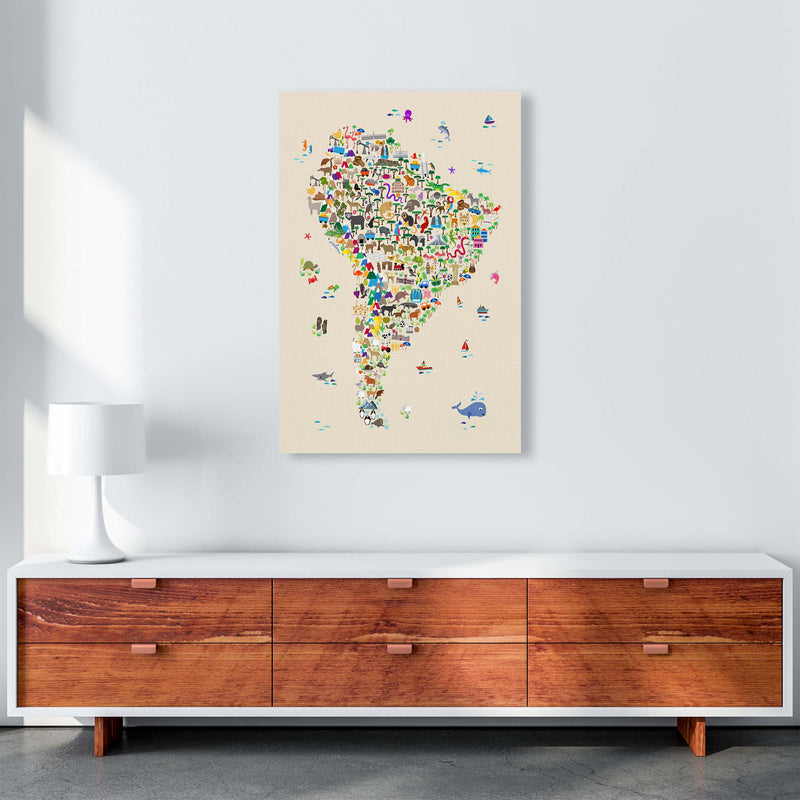 Animal Map of South America Beige Print by Michael Tompsett A1 Canvas