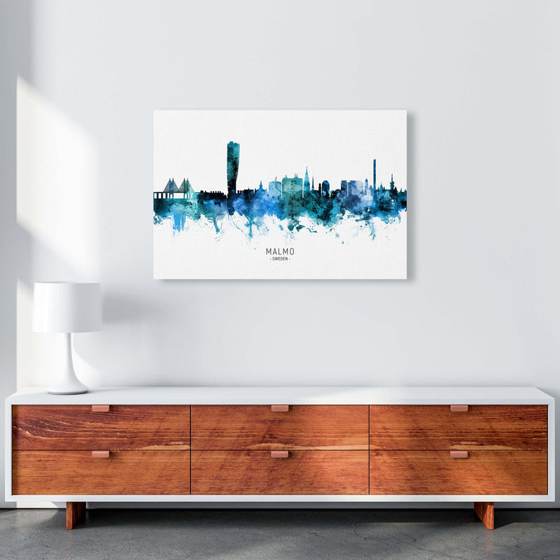 Malmo Sweden Skyline Blue City Name Print by Michael Tompsett A1 Canvas