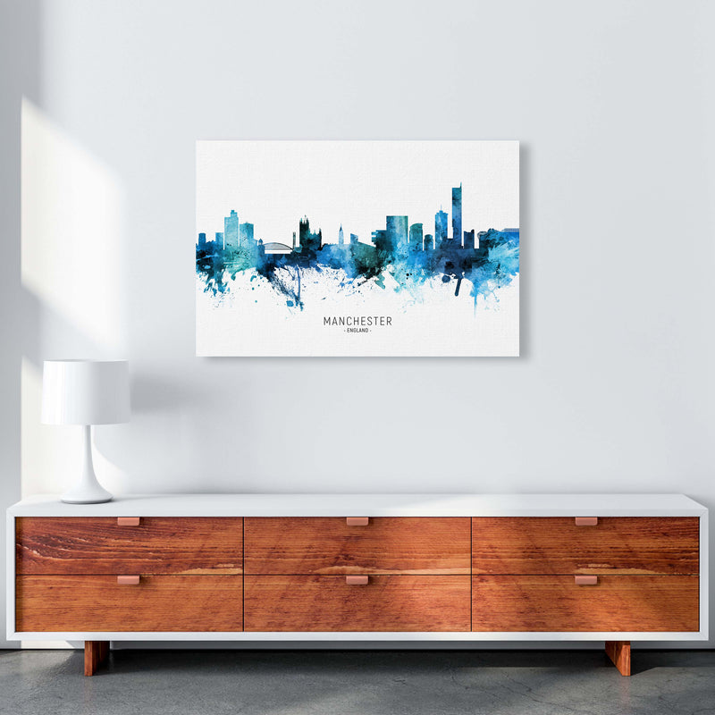Manchester England Skyline Blue City Name  by Michael Tompsett A1 Canvas
