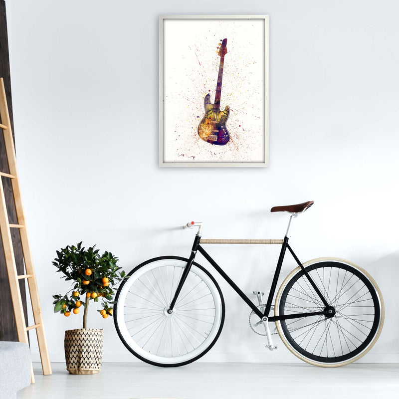 Electric Bass Guitar Watercolour  by Michael Tompsett A1 Oak Frame