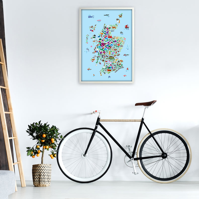 Animal Map of Scotland Blue Nursery Print by Michael Tompsett A1 Oak Frame