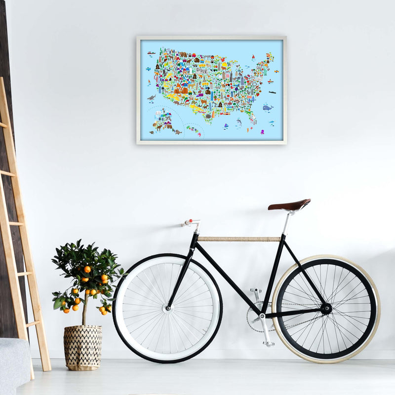 Animal Map of United States Blue Print by Michael Tompsett A1 Oak Frame