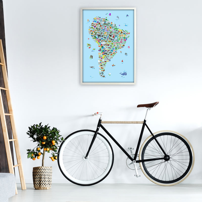 Animal Map of South America Blue Print by Michael Tompsett A1 Oak Frame