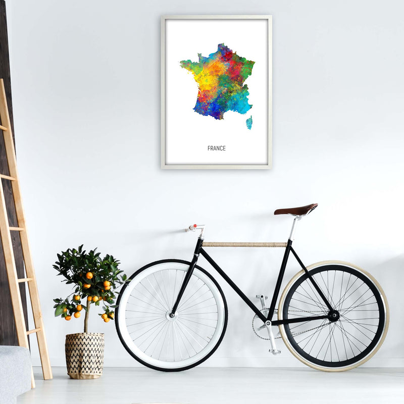 France Watercolour Map Art Print by Michael Tompsett A1 Oak Frame