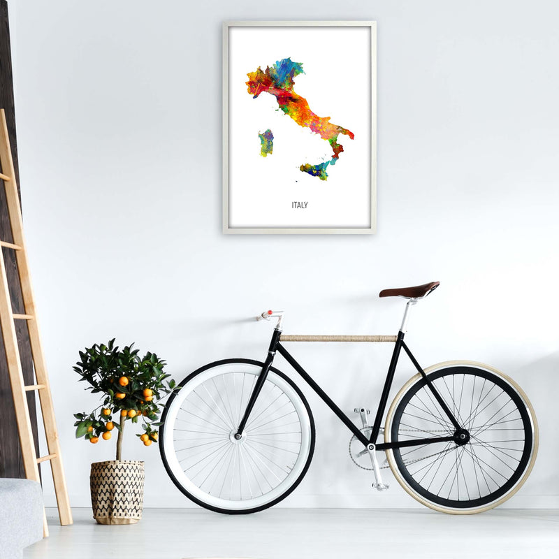 Italy Watercolour Map Art Print by Michael Tompsett A1 Oak Frame