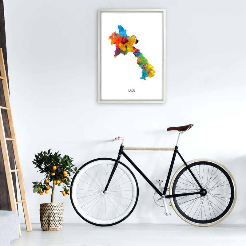 Laos Watercolour Map Art Print by Michael Tompsett A1 Oak Frame