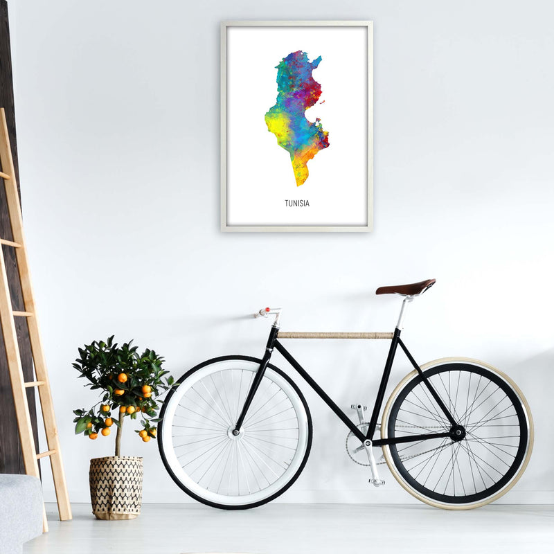 Tunisia Watercolour Map Art Print by Michael Tompsett A1 Oak Frame