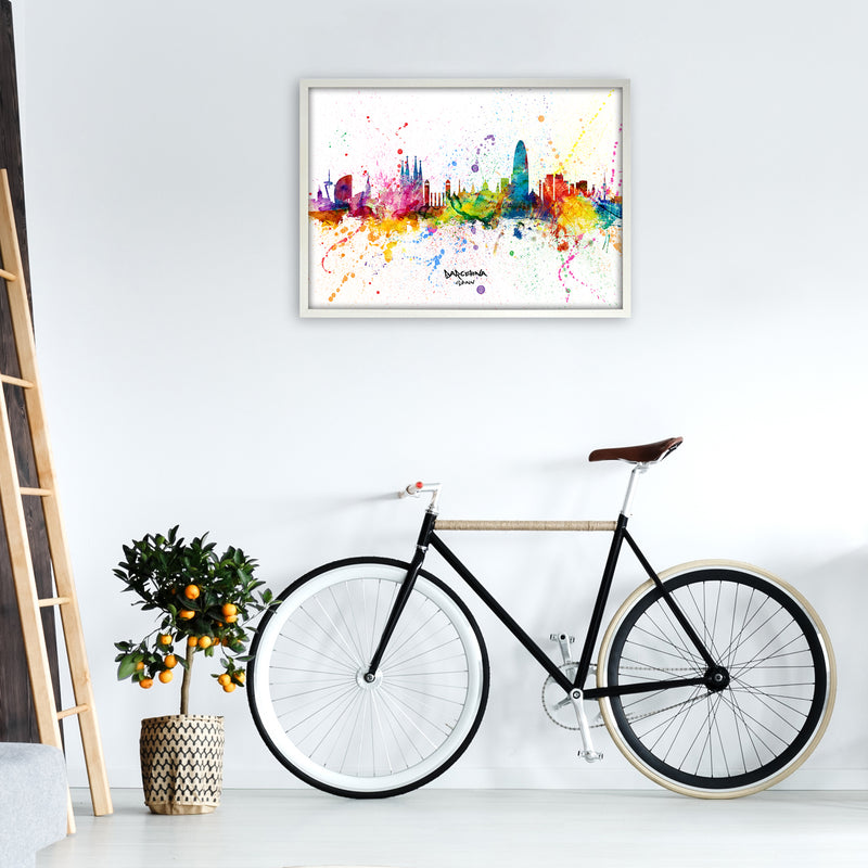 Barcelona Spain Skyline Splash Art Print by Michael Tompsett A1 Oak Frame