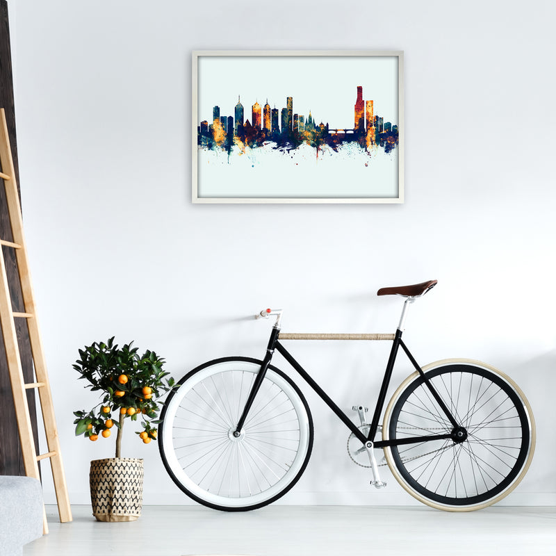 Melbourne Australia Skyline Blue Orange Art Print by Michael Tompsett A1 Oak Frame