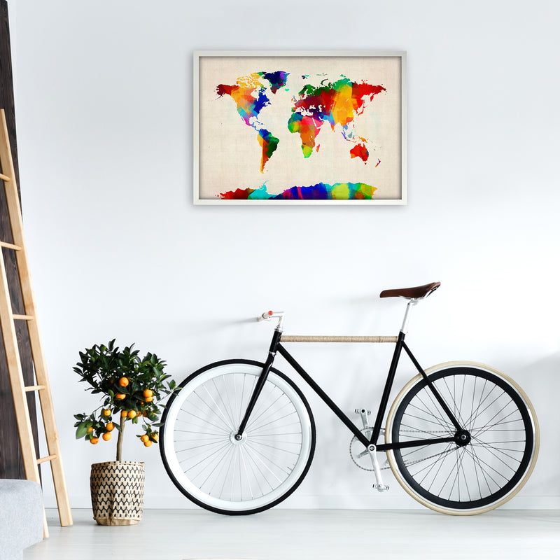 World Map Rolled Paint Art Print by Michael Tompsett A1 Oak Frame