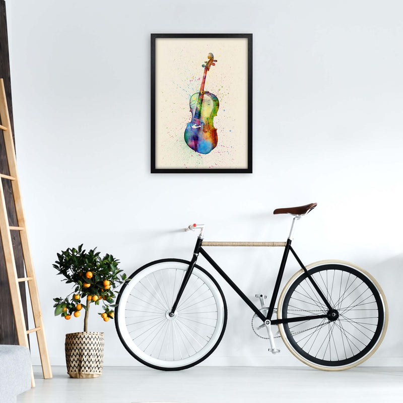 Cello Watercolour Multi-Colour Art Print by Michael Tompsett A2 White Frame