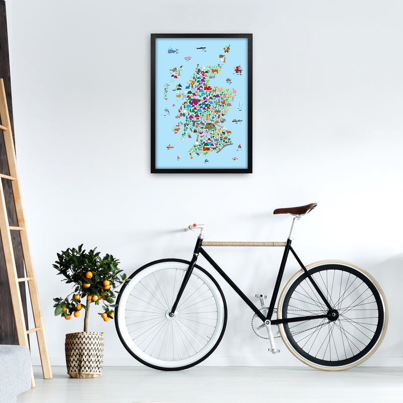 Animal Map of Scotland Blue Nursery Print by Michael Tompsett A2 White Frame