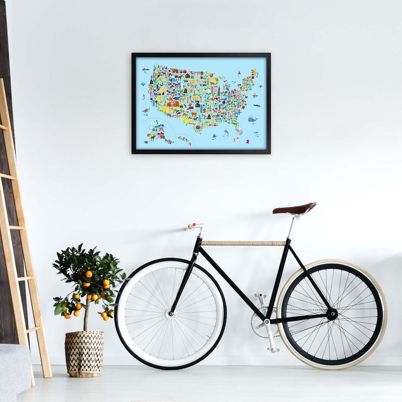 Animal Map of United States Blue Print by Michael Tompsett A2 White Frame