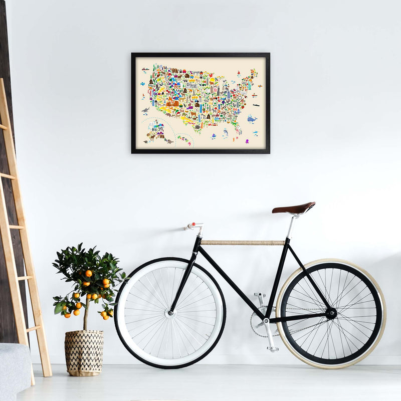 Animal Map of United States Beige Print by Michael Tompsett A2 White Frame