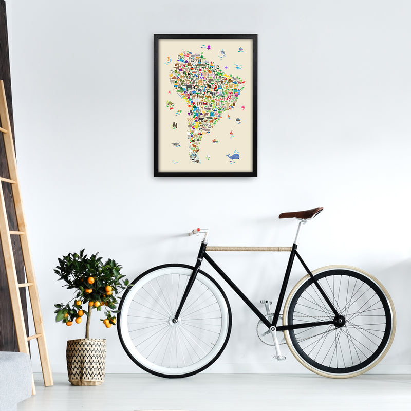 Animal Map of South America Beige Print by Michael Tompsett A2 White Frame