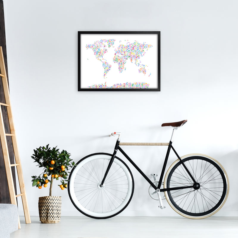Music Notes Map of the World Colour Art Print by Michael Tompsett A2 White Frame