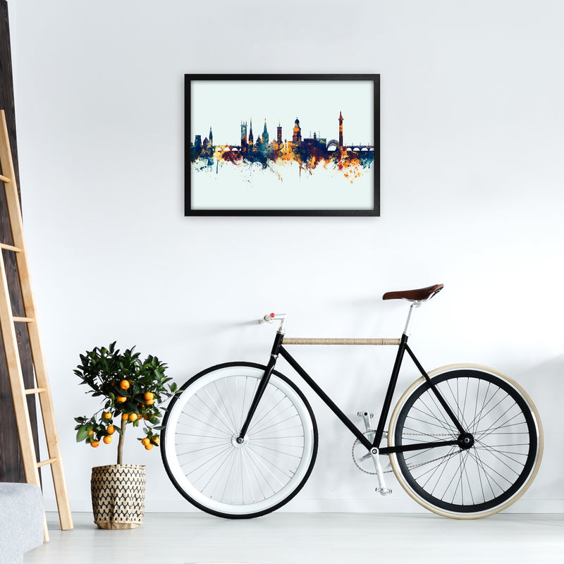 Shrewsbury England Skyline Blue Orange Art Print by Michael Tompsett A2 White Frame