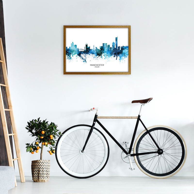 Manchester England Skyline Blue City Name  by Michael Tompsett A2 Print Only