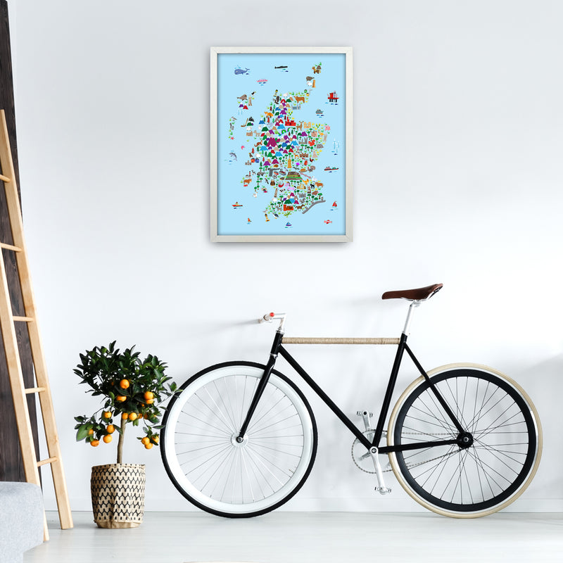 Animal Map of Scotland Blue Nursery Print by Michael Tompsett A2 Oak Frame