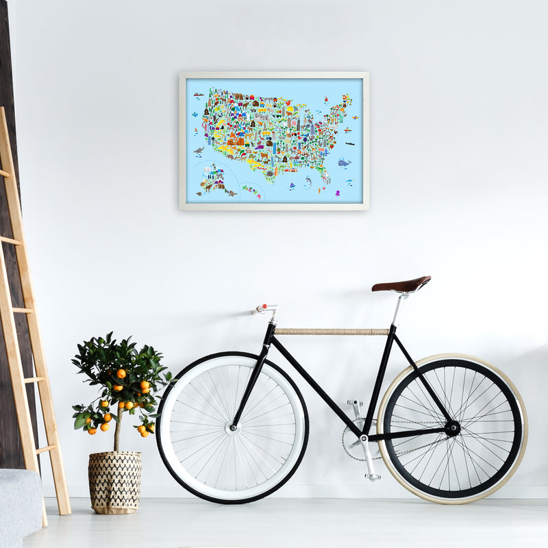 Animal Map of United States Blue Print by Michael Tompsett A2 Oak Frame