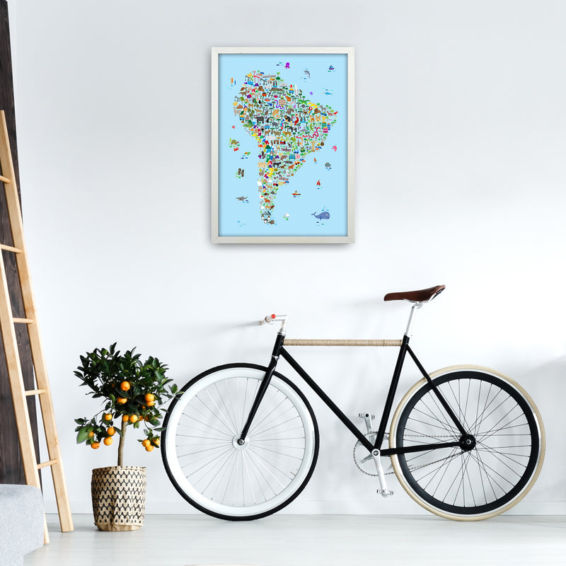 Animal Map of South America Blue Print by Michael Tompsett A2 Oak Frame