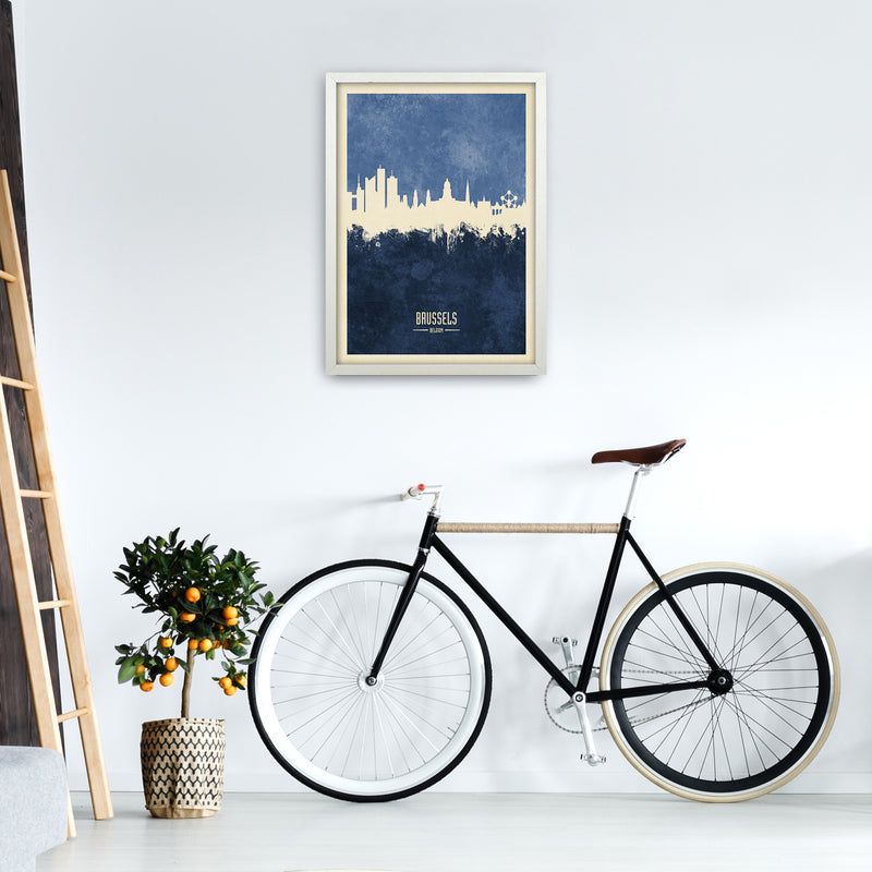 Brussels Belgium Skyline Portrait Navy Art Print by Michael Tompsett A2 Oak Frame