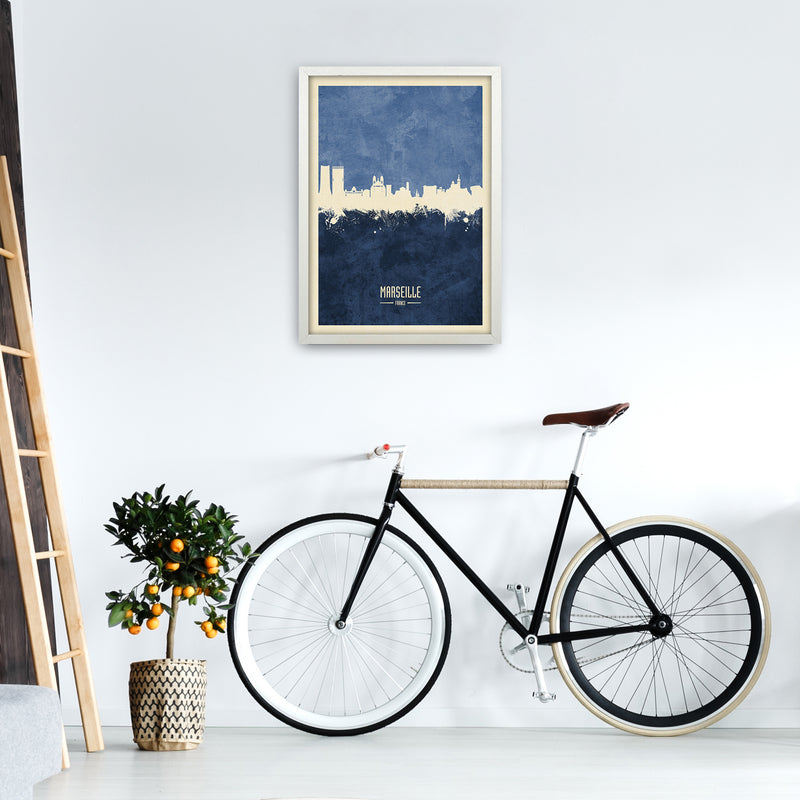 Marseille France Skyline Portrait Navy Art Print by Michael Tompsett A2 Oak Frame