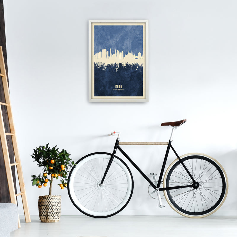 Milan Italy Skyline Portrait Navy Art Print by Michael Tompsett A2 Oak Frame