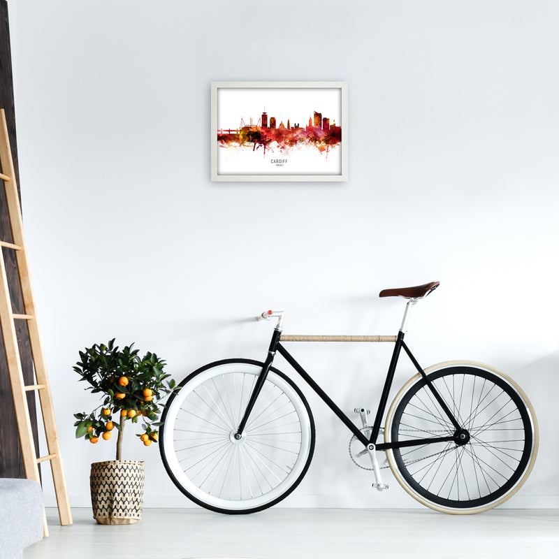 Cardiff Wales Skyline Red City Name Print by Michael Tompsett A3 Oak Frame
