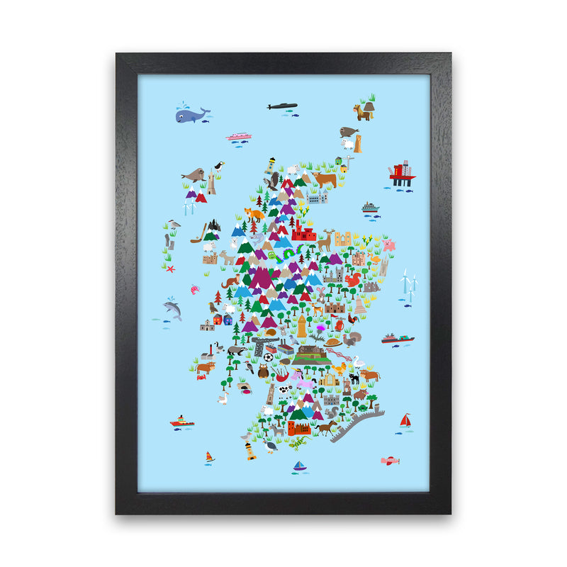 Animal Map of Scotland Blue Nursery Print by Michael Tompsett Black Grain