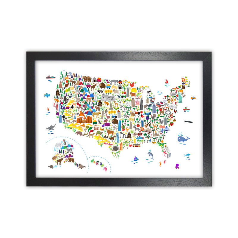 Animal Map of United States Nursery Print by Michael Tompsett Black Grain