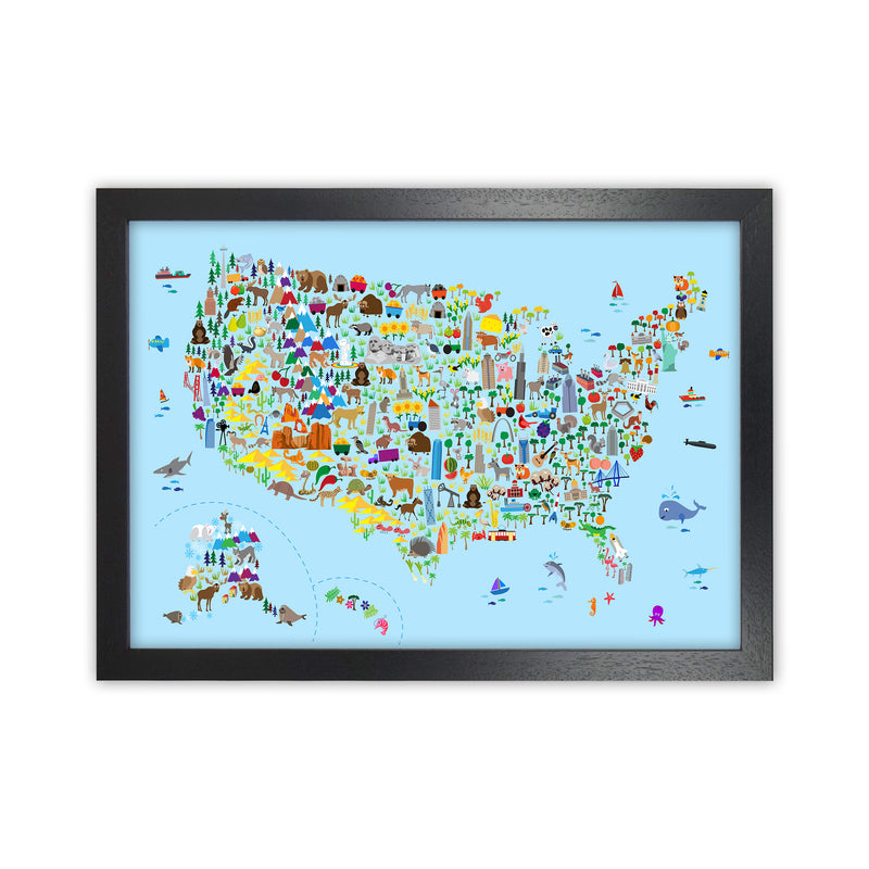 Animal Map of United States Blue Print by Michael Tompsett Black Grain