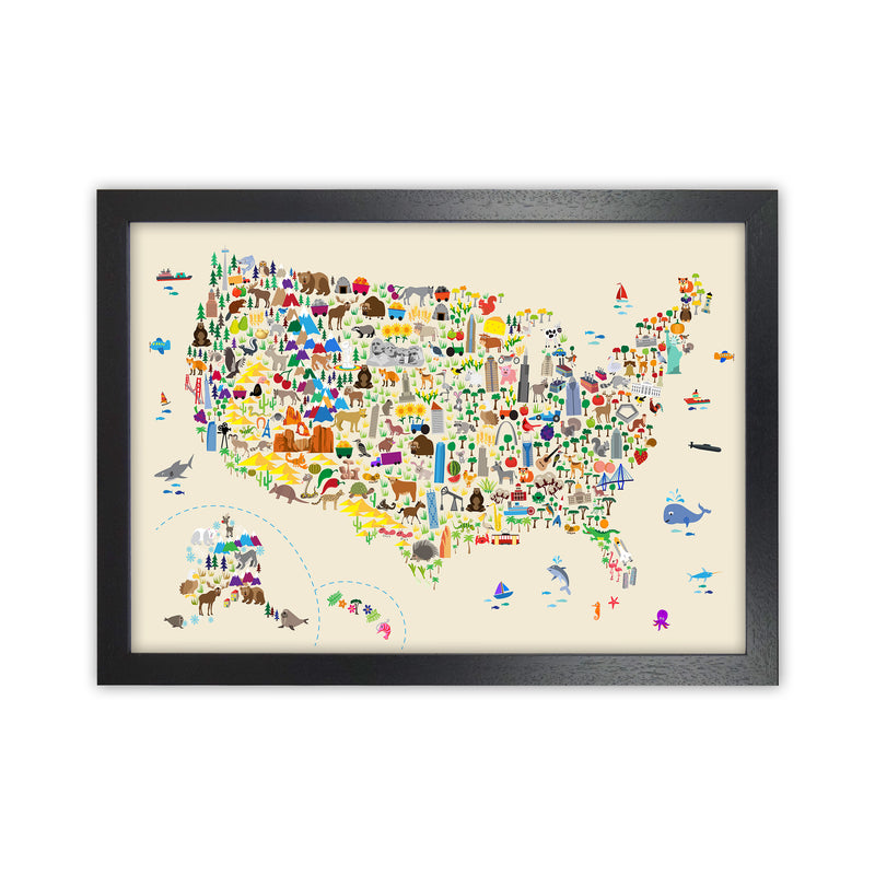 Animal Map of United States Beige Print by Michael Tompsett Black Grain