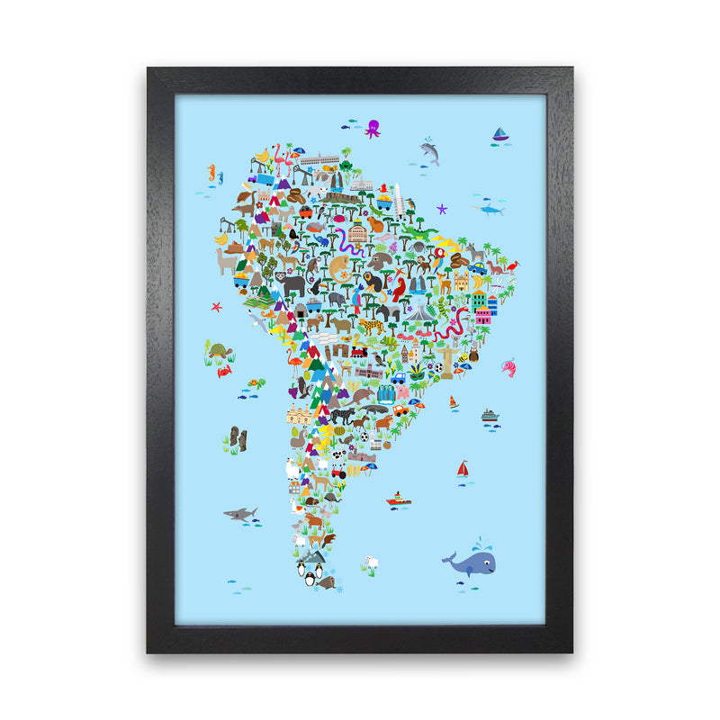 Animal Map of South America Blue Print by Michael Tompsett Black Grain