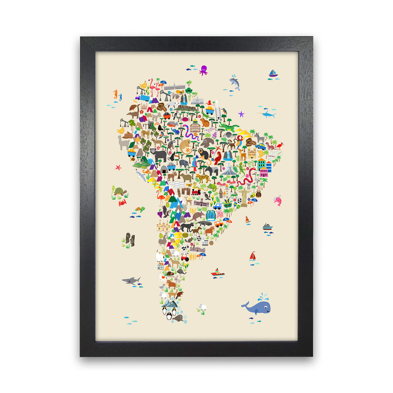 Animal Map of South America Beige Print by Michael Tompsett Black Grain