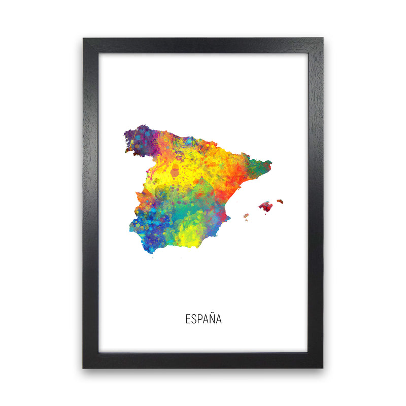 Espana Watercolour Map Art Print by Michael Tompsett Black Grain