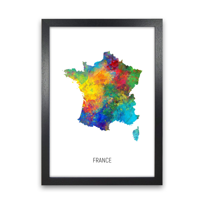 France Watercolour Map Art Print by Michael Tompsett Black Grain