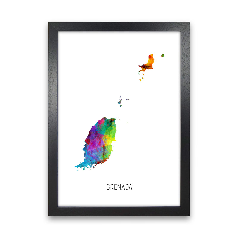 Grenada Watercolour Map Art Print by Michael Tompsett Black Grain