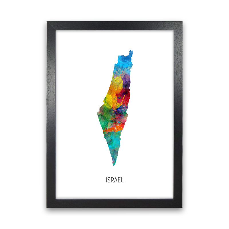 Israel Watercolour Map Art Print by Michael Tompsett Black Grain