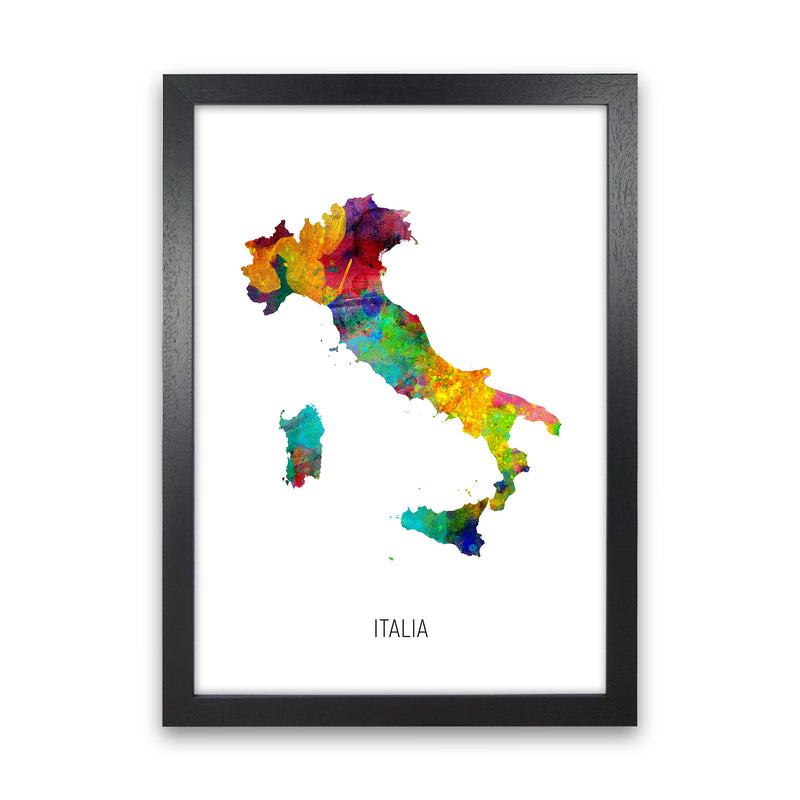 Italia Watercolour Map Art Print by Michael Tompsett Black Grain