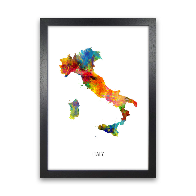 Italy Watercolour Map Art Print by Michael Tompsett Black Grain