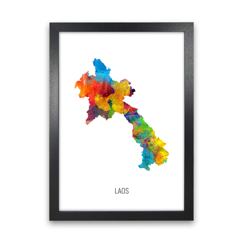 Laos Watercolour Map Art Print by Michael Tompsett Black Grain