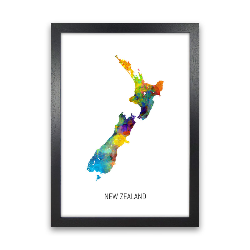 New Zealand Watercolour Map Art Print by Michael Tompsett Black Grain